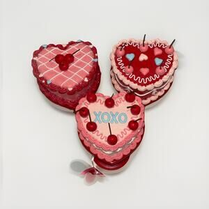 Sweet Treats Heart Cake Pedestal Stand Cherry Frosted Set of 3 Valentine's Day